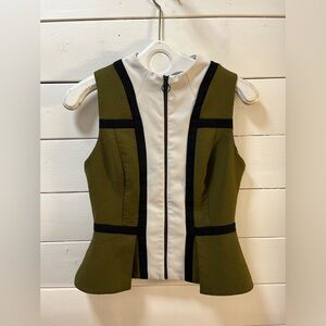 CUE Olive & Cream Structured Peplum Top Size 10